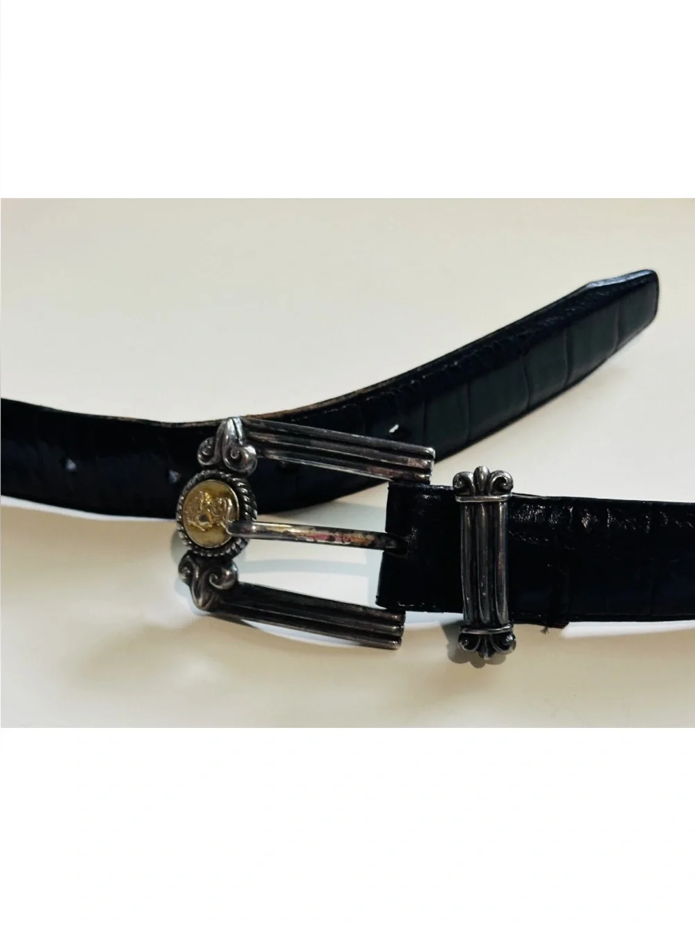 Brighton Museum Collection Belt Black Leather Mixed Metal Cameo L